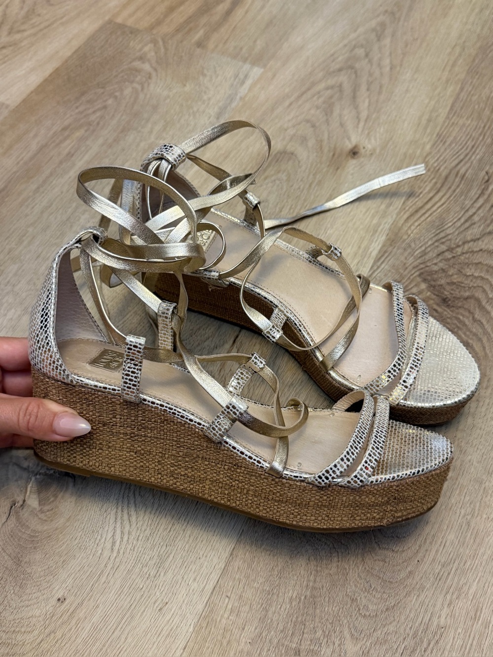 Louise et Cie Lo-Renz Metallic Gold Leather Lace-Up Wedge Sandals